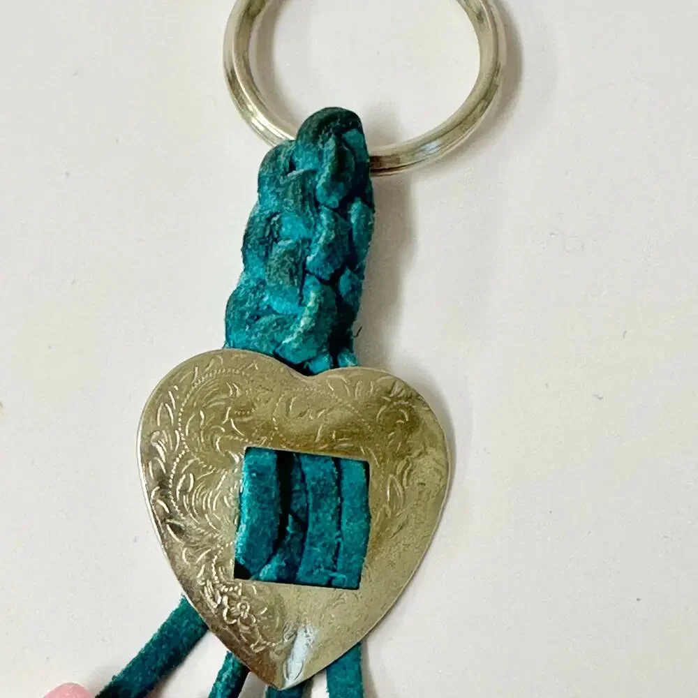 Vintage 90s handmade suede leather‎ and bead macrame Keychain heart concho boho